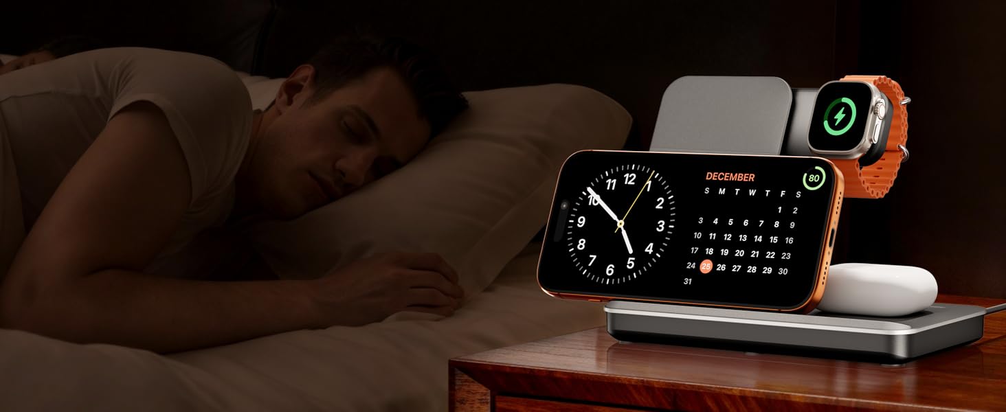 Product demonstration in low-light settings showing digital device with illuminated display being used near a bed.