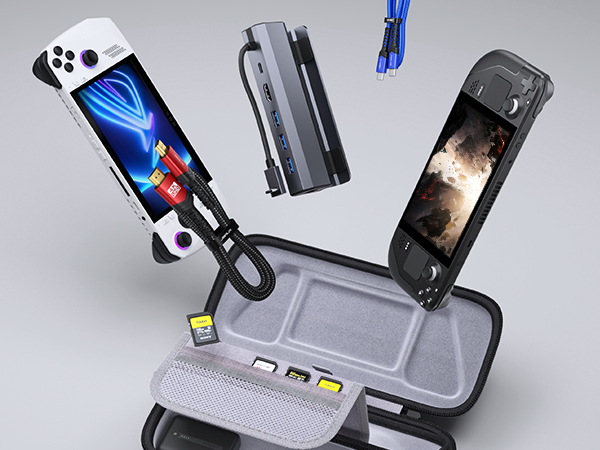 Gaming controller stand with phone and device charging capabilities, featuring multiple docking ports and gray plastic construction.