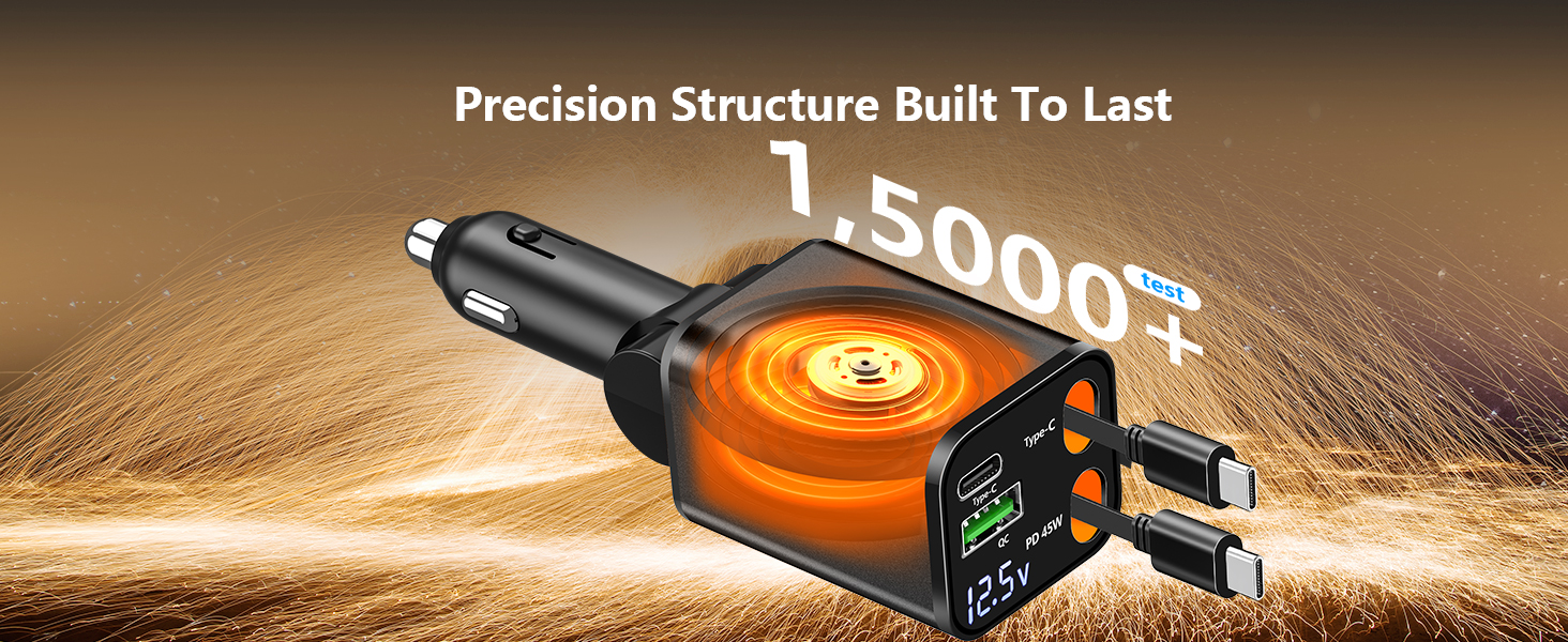 Retractable Car Charger USB C 120W USB C Car Charger 4-IN-1 PD/QC Power Cigarette Lighter Adapter