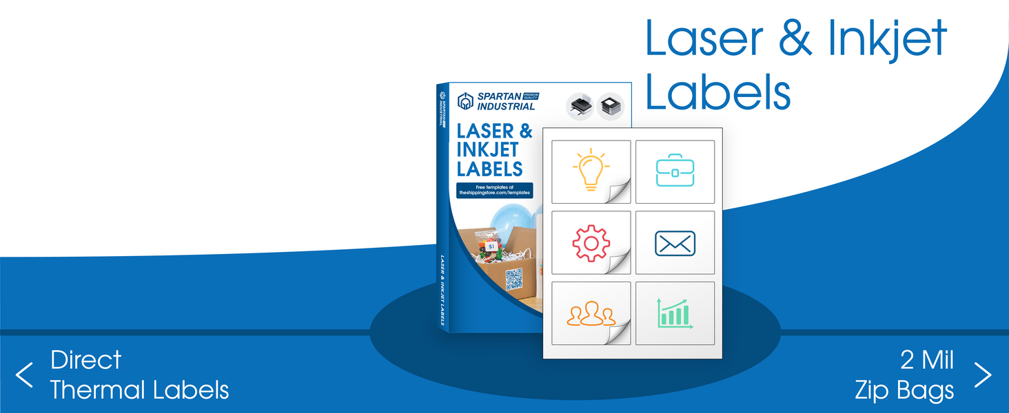 A box of our laser and inkjet labels with a sheet displaying a colored icon on each sticker.