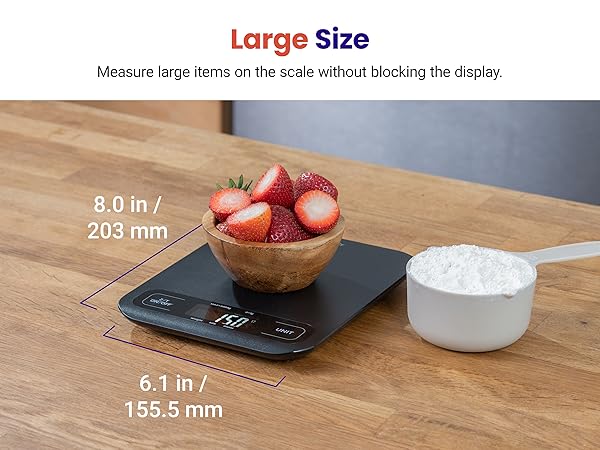 Measure large items on the scale without blocking the display, 8.0 x 6.1 x 0.7 inch