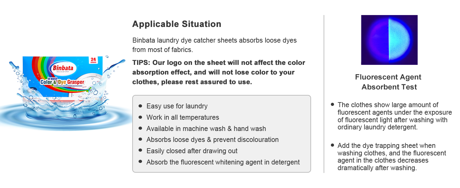 The fluorescent agent in the clothes decreases dramatically after washing with Binbata.