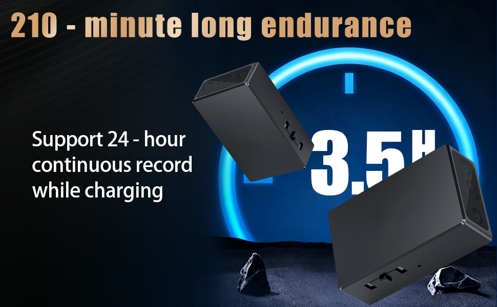 Text reads '210-minute long endurance', 'continuous record while charging', '3.5h', 'Support 24-hour'. Marketing panels showing technical specifications with blue lighting effects.