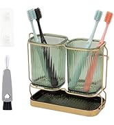 RISESAILS 2-Pack Green Toothbrush Holders with Drain Tray &amp; Brush - Wall Mount or Countertop Bath...