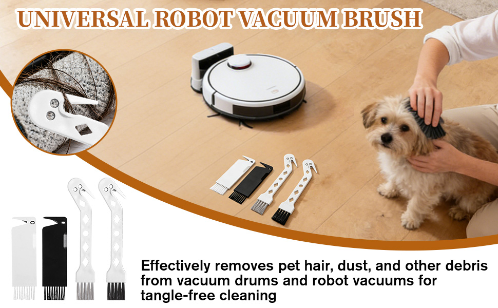 The universal vacuum brush cleaner tool removes pet hair from robot vacuums for tangle-free cleaning