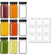 9 Pack, 2 oz Glass Shot Bottles w/ Black Lids &amp; 9 Labels - Small Clear Jar for Ginger, Wellness S...