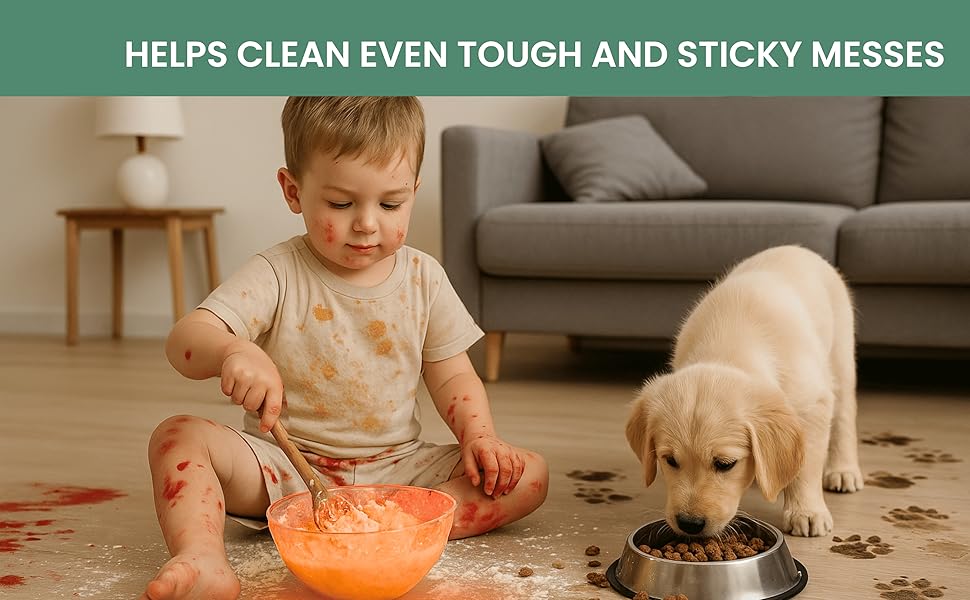 Child and puppy on messy floor with muddy paw prints and sticky food mess