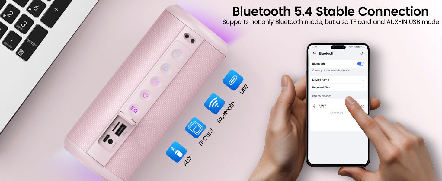 Text reads 'Bluetooth 5.4 Stable Connection' with additional descriptive text below. Hand holding pink device displaying smartphone app interface with blue icons.