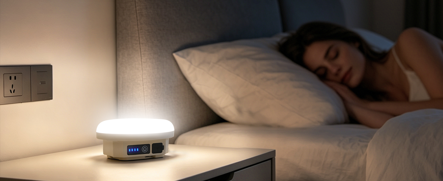 Warm LED camping lantern used as a gentle bedside night light beside a sleeping woman