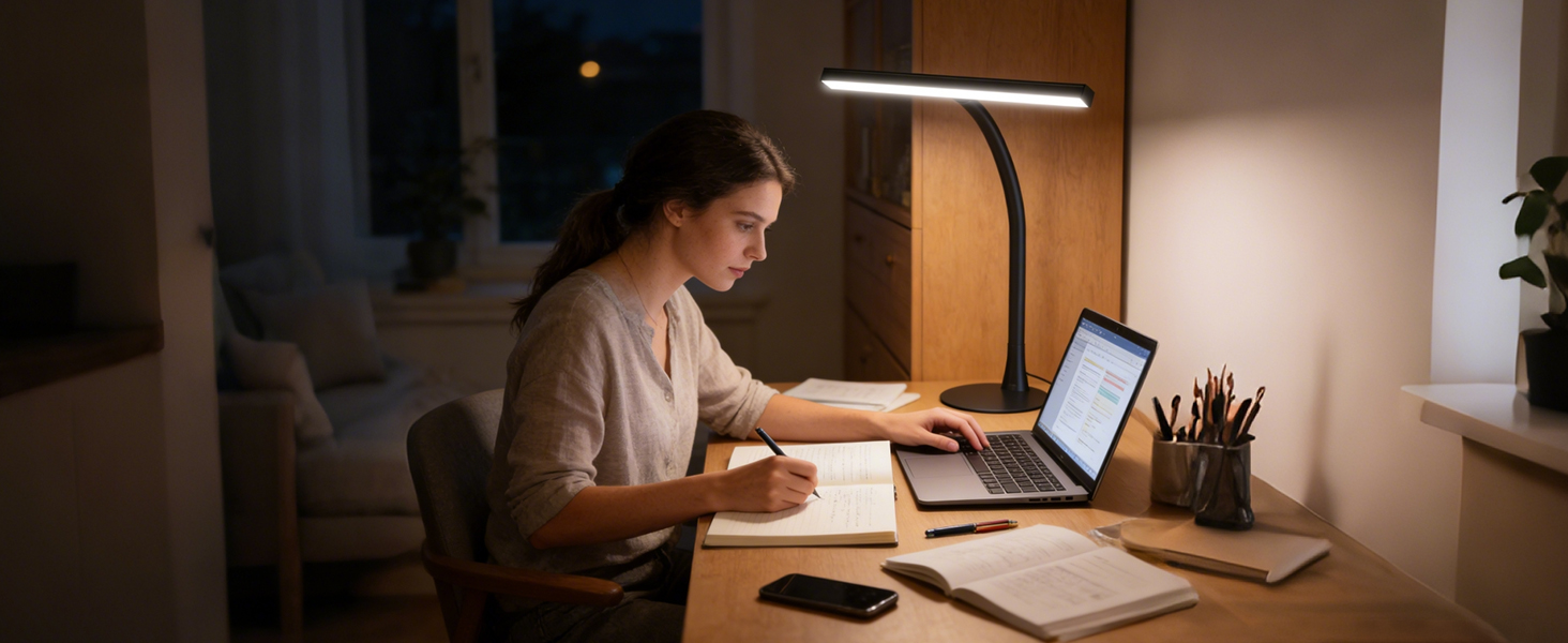 Person working at desk in dimly lit room with laptop and desk accessories, creating cozy evening work environment.