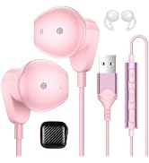 APETOO USB Earbuds with Mic Volume Control, 7.5ft USB-A PC Headphones Pink | Long Cord Computer H...