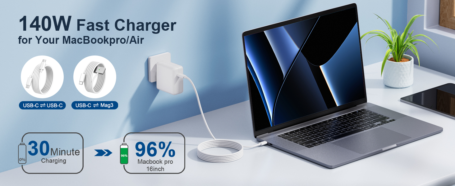 140W Charger for MacBook Pro 14 16 inch MacBook Air 13 15 inch M4 M3 M2 M1, Magnetic 3 Cable