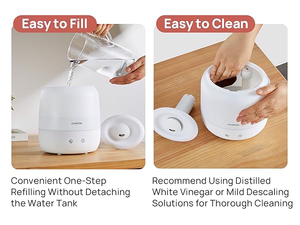 East to fill Without Detaching the Water Tank. Recommend Using Distilled White Vinegar for Cleaning