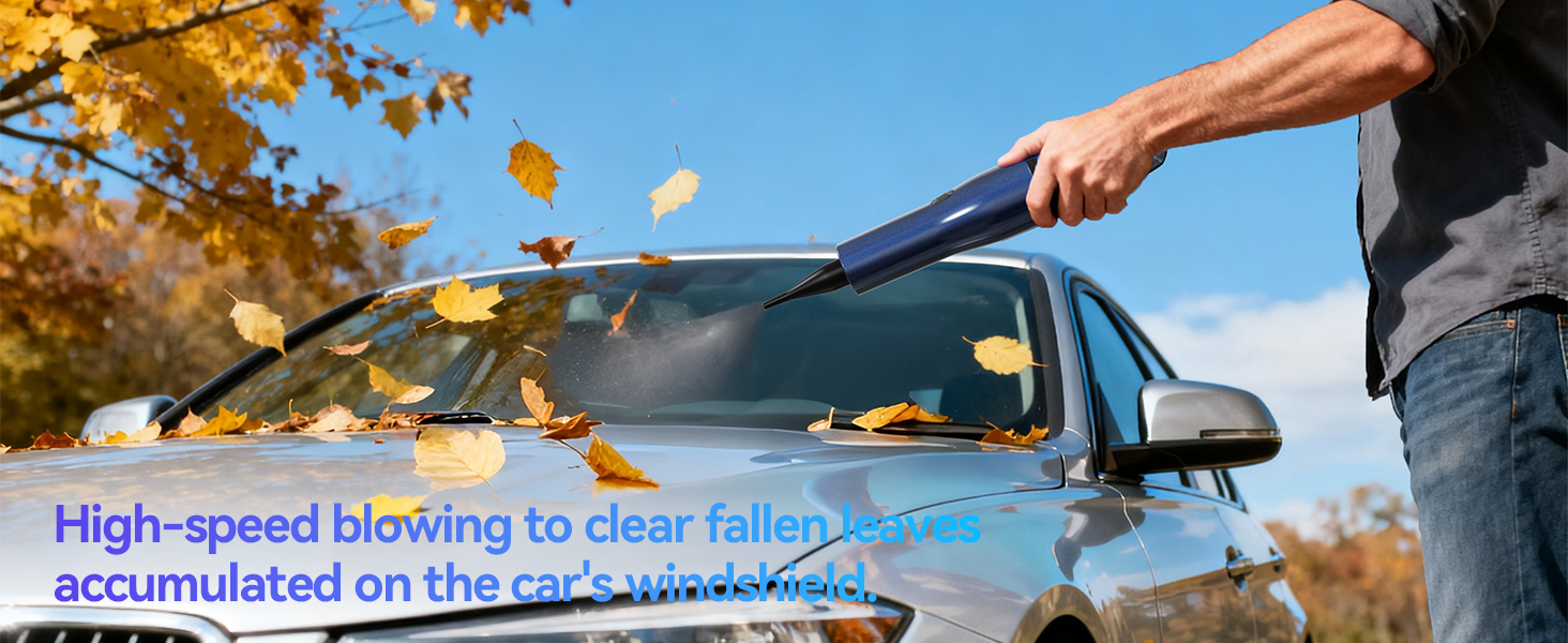 High-speed blowing to clear fallen leaves accumulated on the car&amp;#39;s windshield.