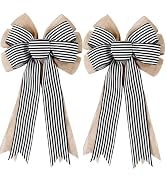 2 Pack Black White Stripe Burlap Fall Bows for Wreaths Decorations,Rustic Farmhouse Crafts Bow Wr...