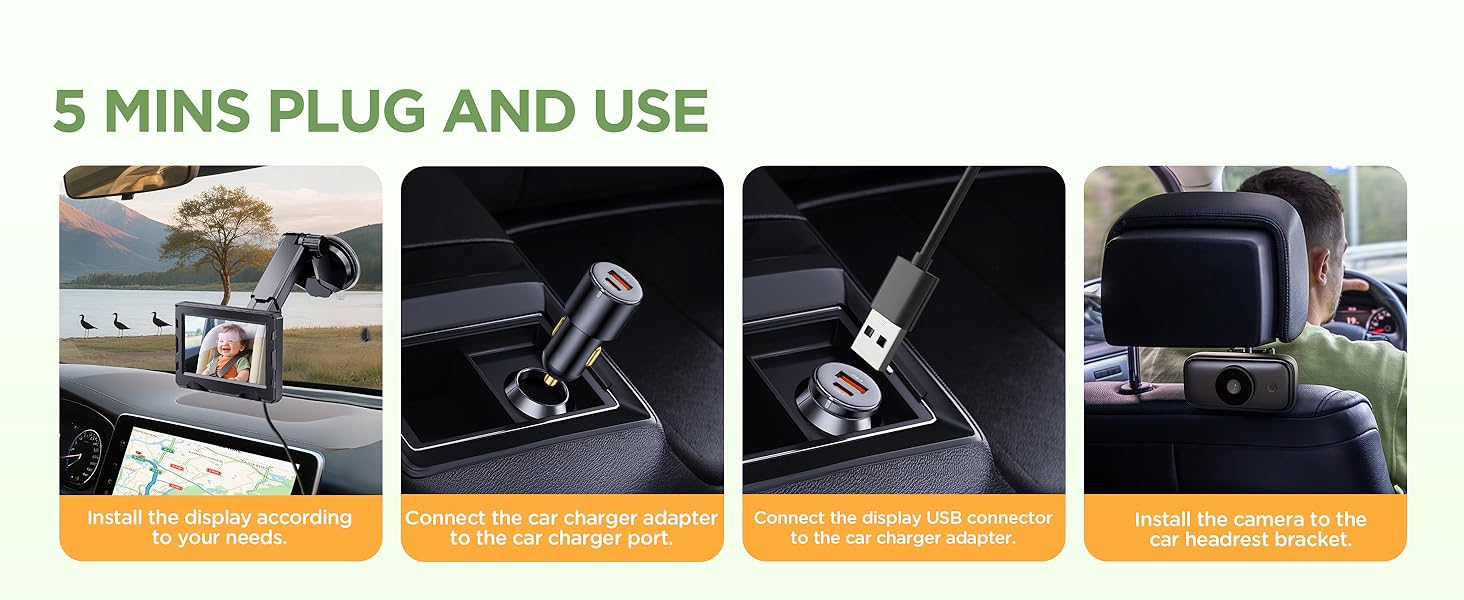 Text reads '5 MINS PLUG AND USE'. Step-by-step instruction images showing installation process of what appears to be a mounting system.