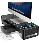 Meatanty 3 In 1 Monitor Stand Riser with 2 Storage Drawers,1 Wireless Charging Module and 4 USB P...