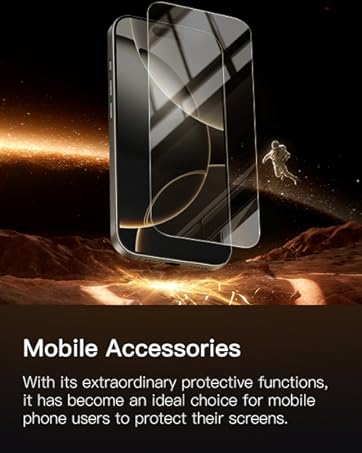 Text reads 'Mobile Accessories' and 'With its comparative procedure, functions, developments and offers we help mobile phone users to protect their screens.' Product shots show smartphone screen protectors with dramatic lighting.