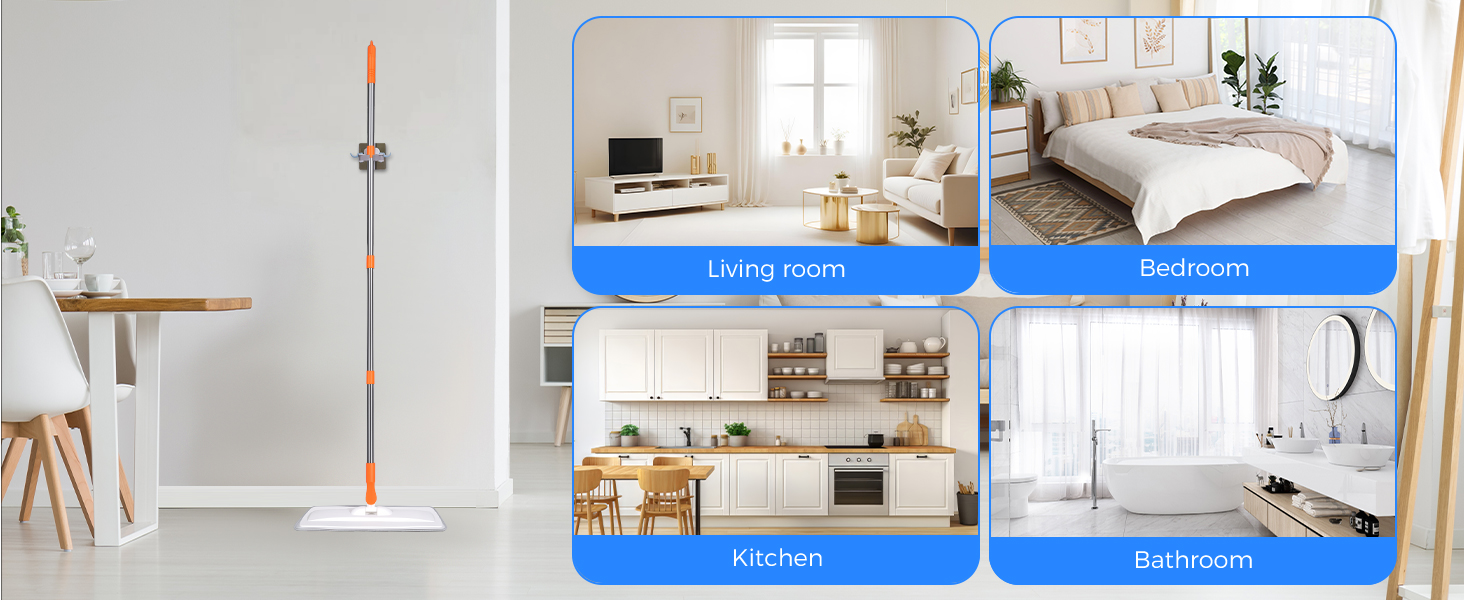 Modern home interior showing split-screen comparison of minimalist living room and storage solutions with blue accent elements and white furniture.