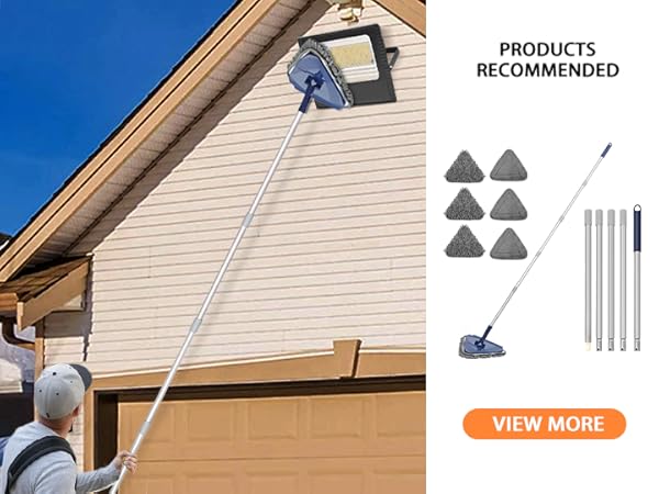 Person using a long-handled cleaning tool to wash house siding. Product recommendation shows triangular cleaning pads and extension poles.