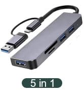 XuanGui Ultra Slim USB-C Hub, 5-in-1 Adapter with 3 USB-A Ports, SD/TF Card Reader, Compatible wi...
