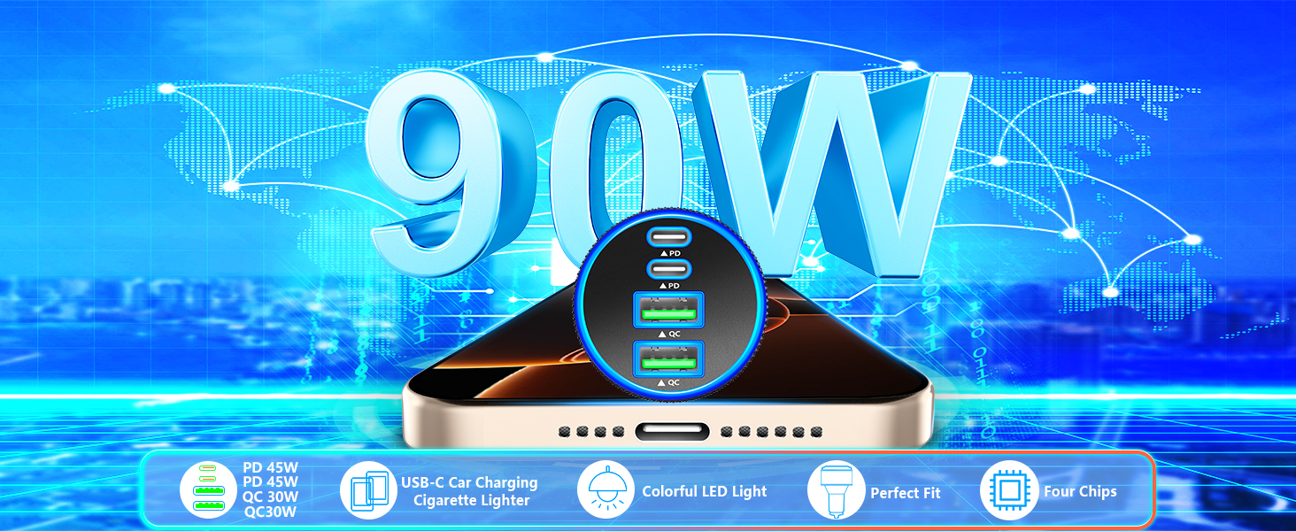 MFi Certified 4-Port 90W USB-C/USB-A Power Cigarette Lighter PD/QC USB-C Car Charger for iPhone 16