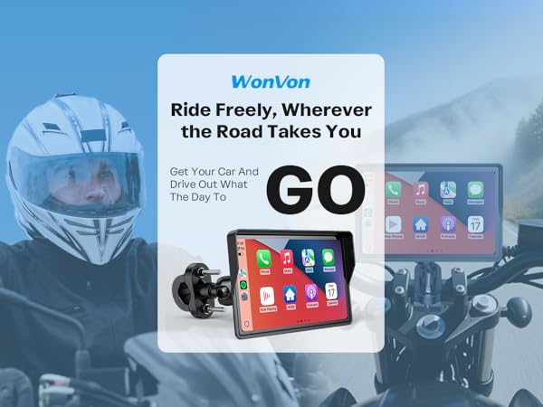 Text reads 'Ride Freely, Wherever the Road Takes You' and 'GO'. Marketing banner showing motorcycle riders and mobile device mount product integration.