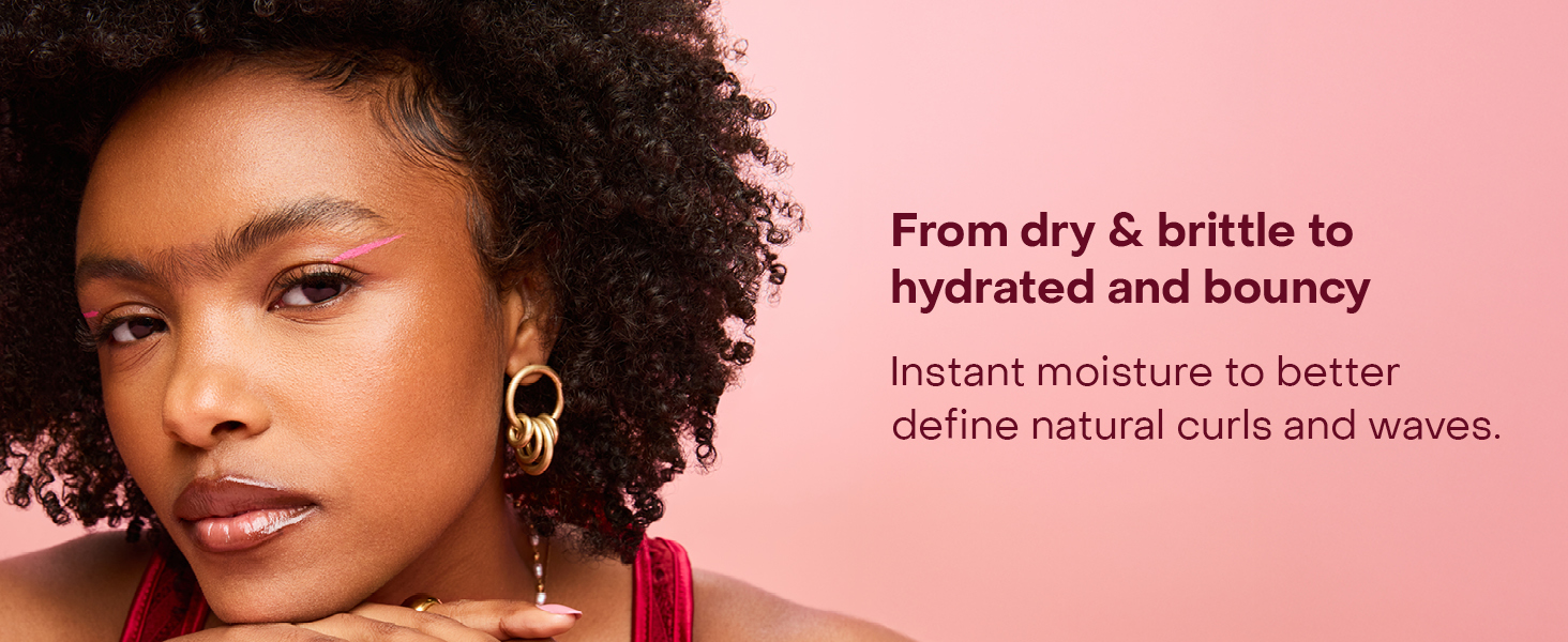 Image of a woman with curly hair, next to text highlighting benefits of our hydration shampoo.