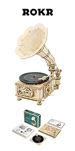 ROKR 3D Wooden Puzzles Gramophone for Adults - DIY Mechanical Model Kit 1:1 Replica Record Player Su...