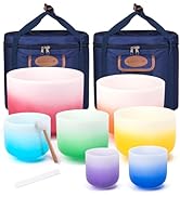 432Hz 6-12 Inch Set of 7 Quartz Crystal Singing Bowls with Gradient Colored Design, 2 Travel Carr...