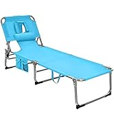 GYMAX Tanning Chair, Folding Beach Lounger with Face Arm Hole, Adjustable Backrest,Side Pocket, R...