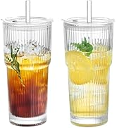 Puraville 2 Pack 20oz Glass Cups with Lids and Straws, Vintage Ribbed Glassware for Whiskey Cockt...