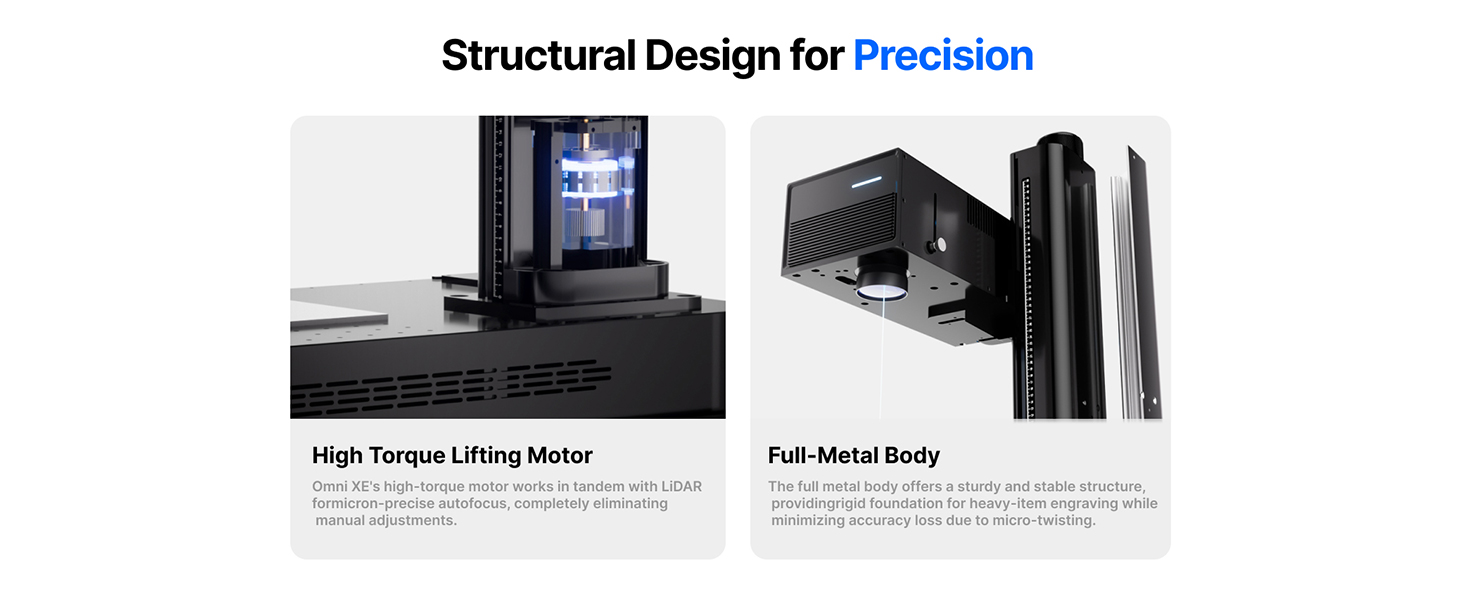 Text reads 'Structural Design for Precision'. Technical diagram showing components of a metal device with 'High Torque Lifting Motor' and 'Full Metal Body' labels.