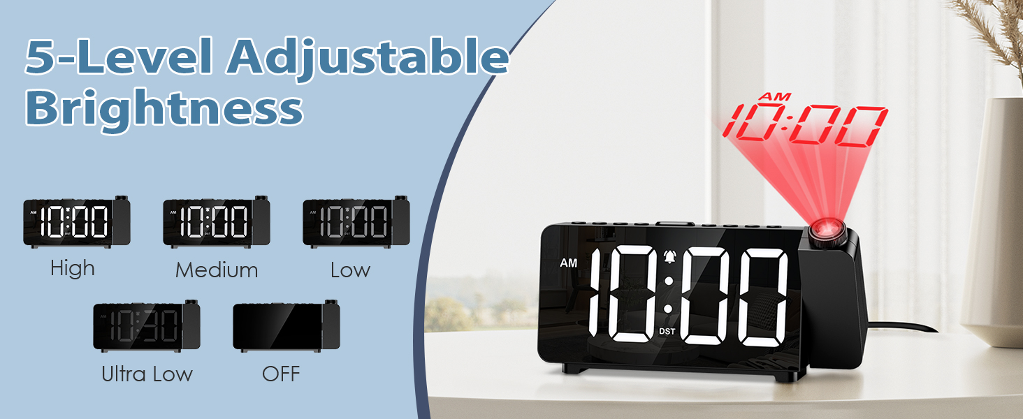 Projection Alarm Clocks for Bedrooms, Large LED Display Digital Clock with 180° Rotatable Projector