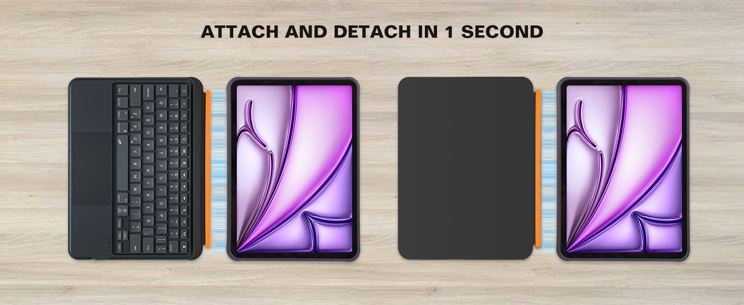 Text reads 'ATTACH AND DETACH IN 1 SECOND'. Sequential images showing detachable keyboard case with purple-screened mobile device, demonstrating attachment process.
