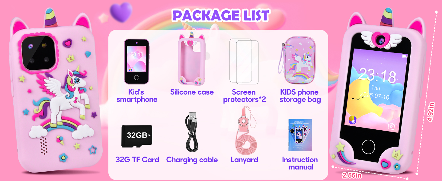 Kids Mobile Phone Toy with Dual Cameras, 2.8 Inch Touchscreen, Music Player, Games with 32 GB Card