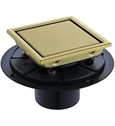4-Inch Square Shower Drain, Brushed Gold Floor Drain with Flange, 304 Stainless Steel Bathroom 2-...