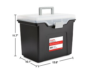 Front angled view of black file box with dimensions
