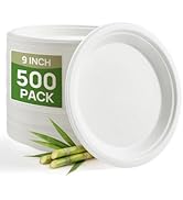 Goodluck 9 Inch Bulk Compostable Plates 500 Pack, White 100% FSC Certified Heavy Duty Sugarcane P...