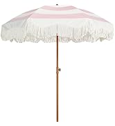 AMMSUN Boho Fringe Umbrella Outdoor Patio, 6.5ft UPF50+ Picnic Umbrella with Tassels with Steel P...