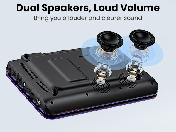 Dual built-in speakers on portable DVD player provide immersive movie sound for kids