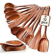 Wooden Spoons for Cooking, 12 Pcs Nonstick Wooden Cooking Utensils Set with Comfort Grip – 100% N...