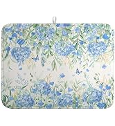 Wnoesat Blue Hydrangea Floral Dish Drying Mat for Kitchen Counter Spring Butterfly Flower Drainer...
