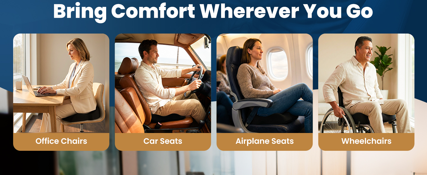 &amp;#34;Bring Comfort Wherever You Go&amp;#34; banner with people in an office, car, airplane, and wheelchair.