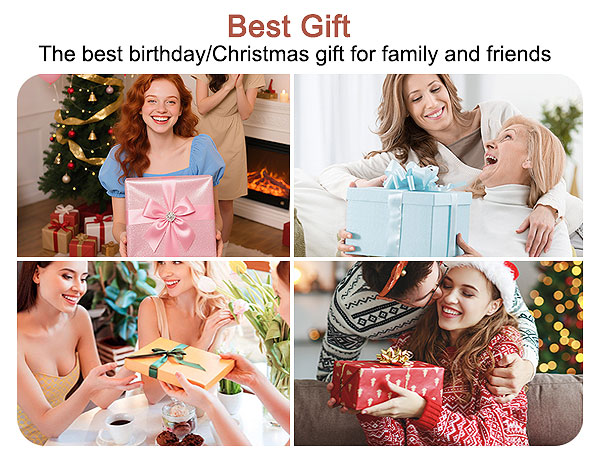 Text reads 'Best Gift - The best birthday/Christmas gift for family and friends.' Collage of gift-giving scenes showing wrapped presents and celebrations.