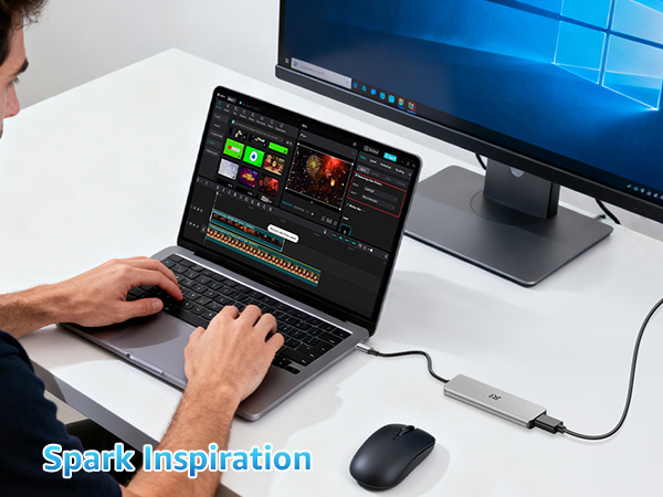 Text reads 'Spark Inspiration'. Multiple views of hands using a dark interface on computer monitors showing colorful gaming or streaming controls.