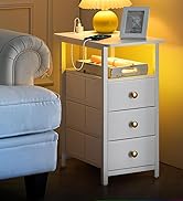 Yoobure End Table with Charging Station, LED Narrow Side Table Bedside Table, Small Night Stand E...