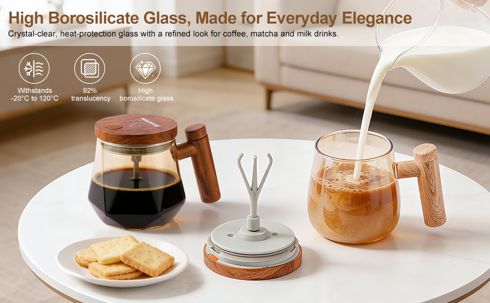 High borosilicate glass self stirring coffee mug for hot and cold drinks