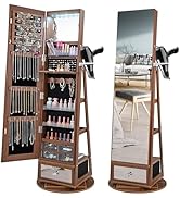 CHARMAID 360° Swivel Jewelry Cabinet Armoire 64.5" H, Full Length Mirror with Jewelry Storage, 6 ...