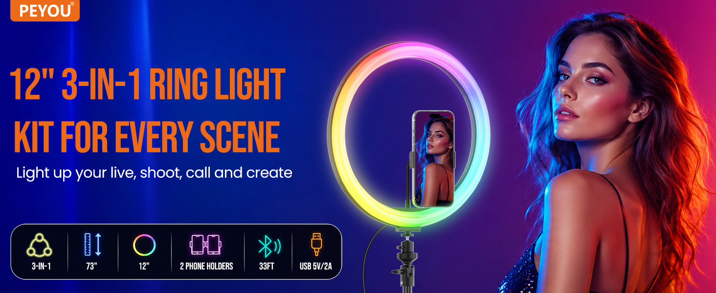 12-inch RGB ring light kit with 73-inch tripod, two phone holders, Bluetooth control, and USB power